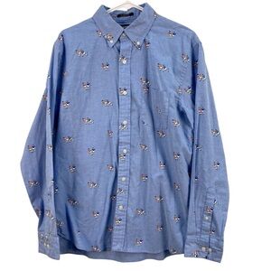 Lands End Men’s Large Blue With Soccer Players Button Up Traditional Fit Shirt